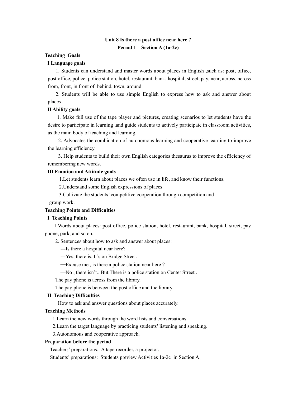 Unit+8+Is+there+a+post+office+near+here（5课时英文教案）-年人教版七下.docx_第1页