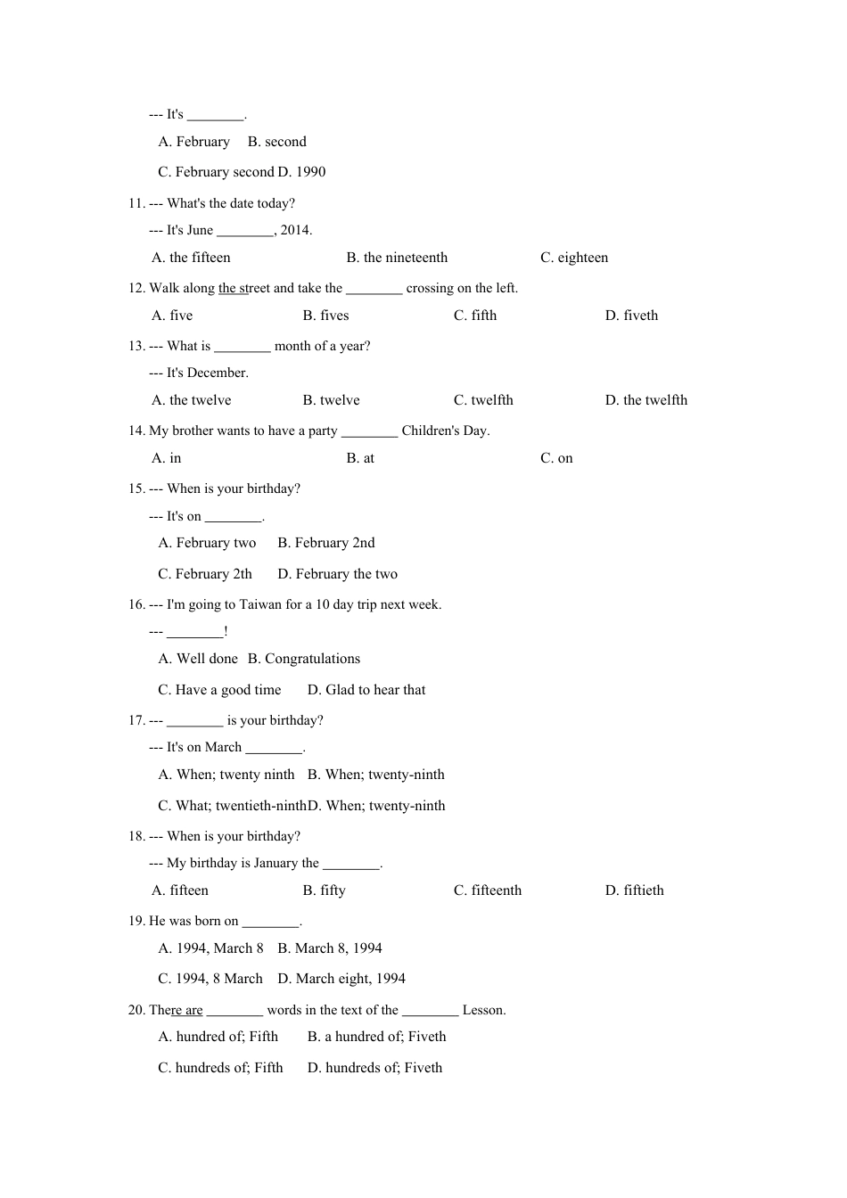 七年级英语人教版上册《Unit 8 When is your birthday》同步练习含答案.doc_第2页