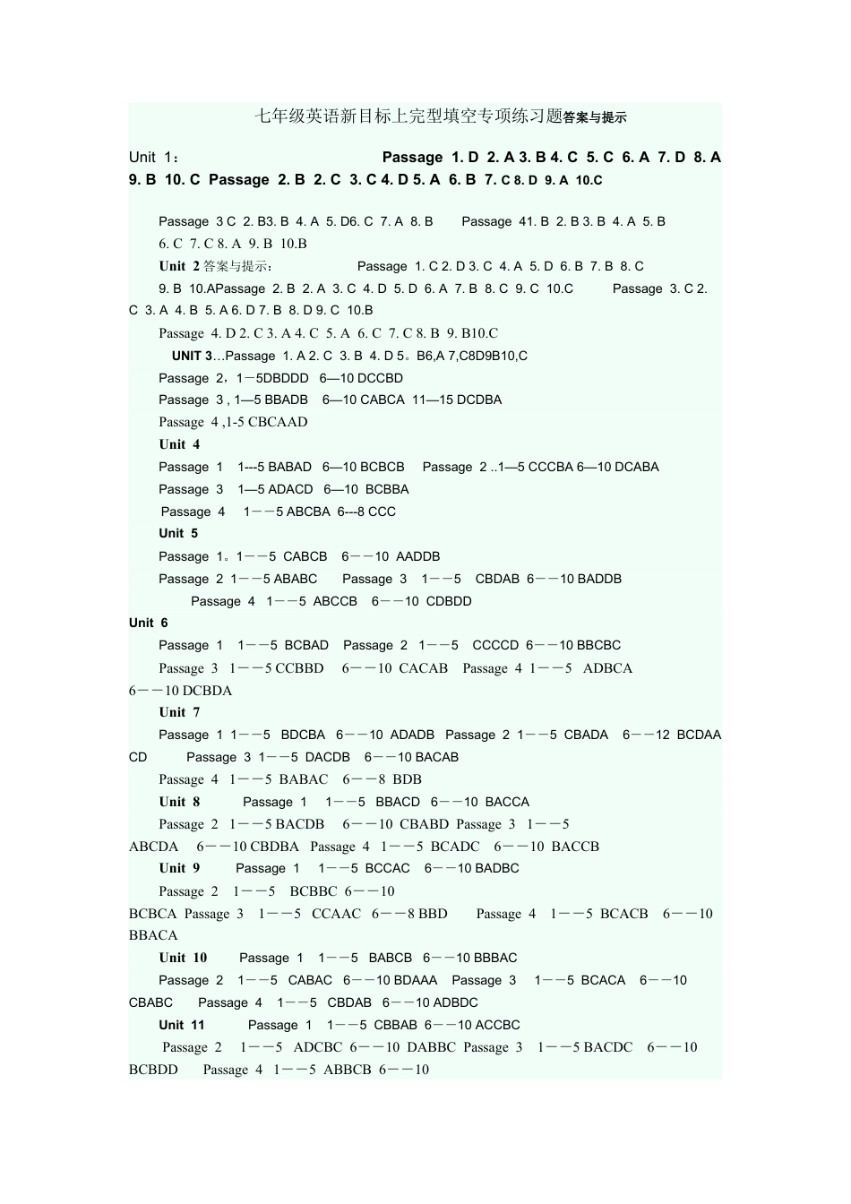 七年级英语新目标上完型填空专项练习题答案与提示.doc_第1页