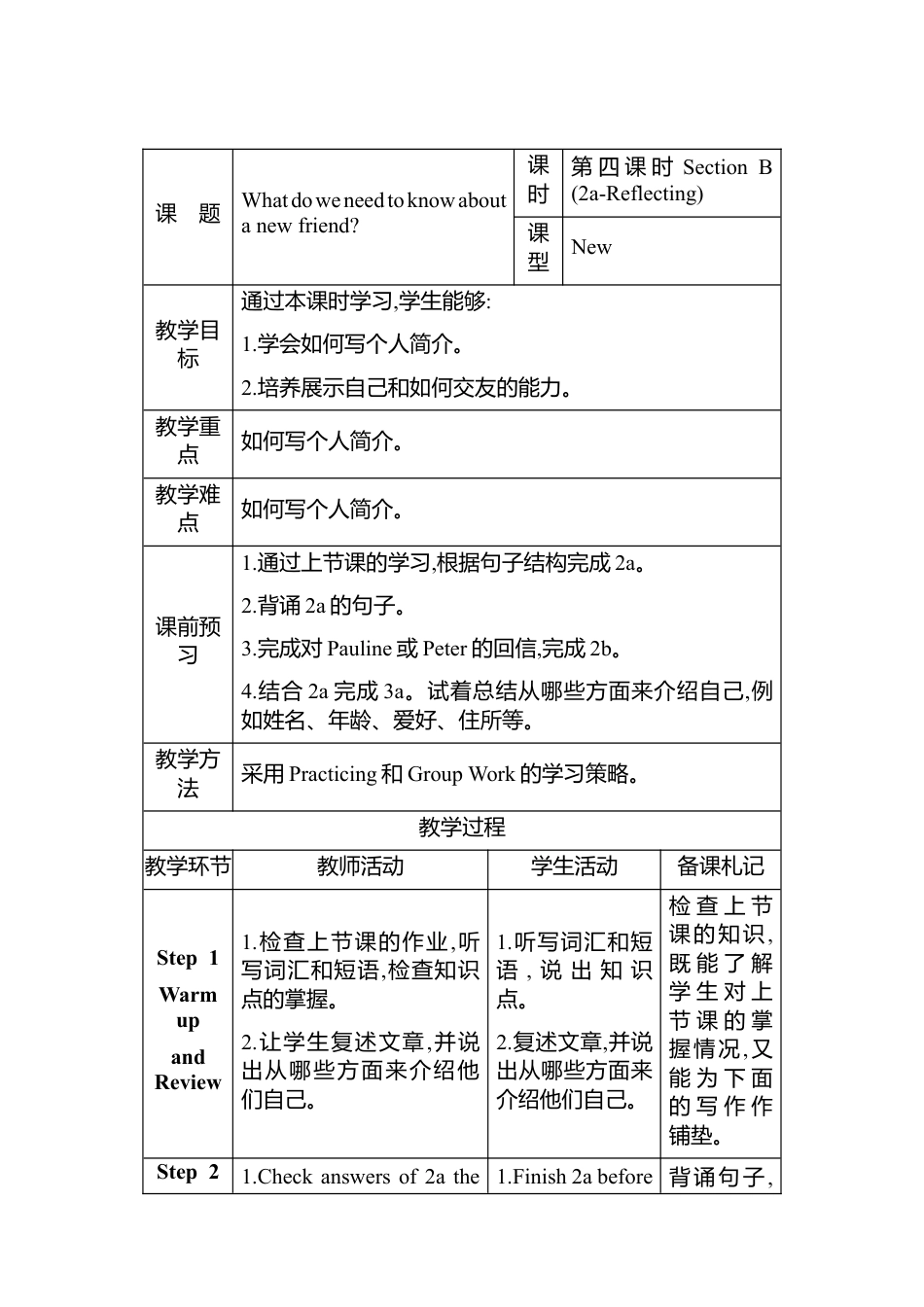 人教版（2024）七年级上册Unit 1 You and Me Section B 2a-Reflecting 教案（共1课时，表格式）.docx_第1页