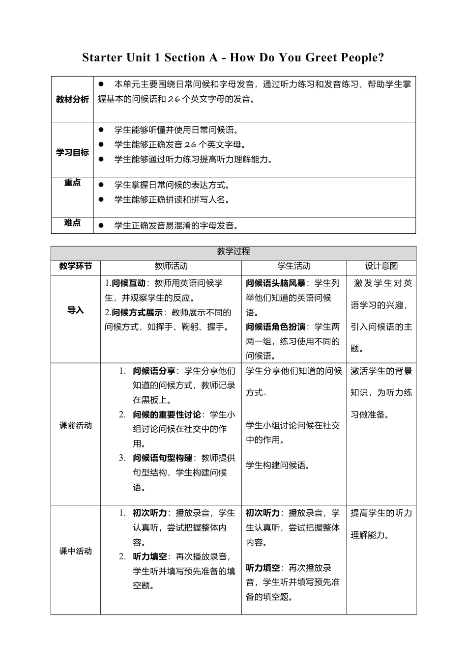 人教版（2024）七上 Starter Unit 1 Hello! Section A 教学设计.doc_第1页