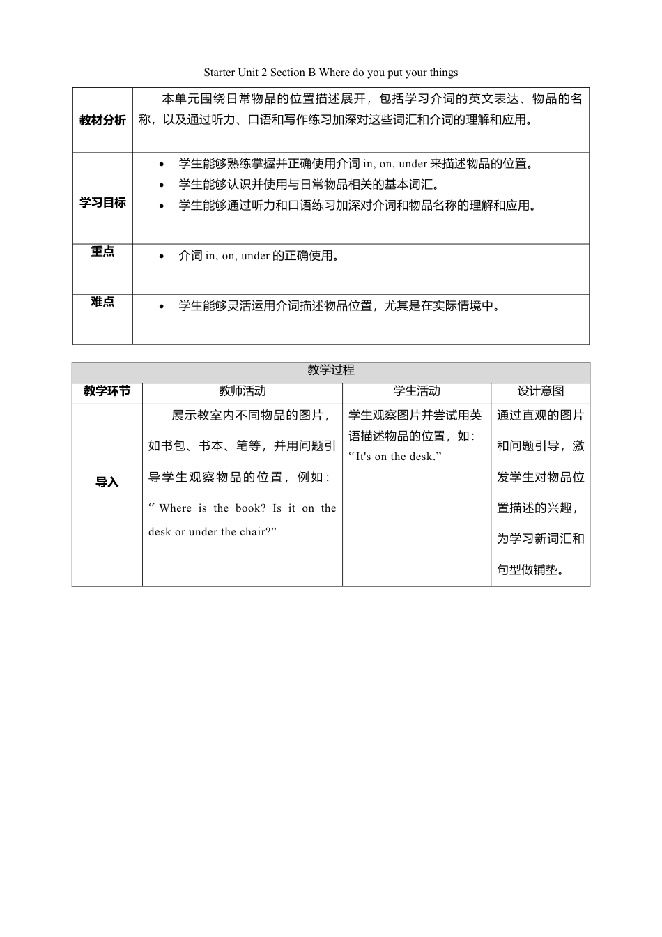 人教版（2024）七上 Starter Unit 2 Section B Where do you put your things？教学设计.doc_第1页