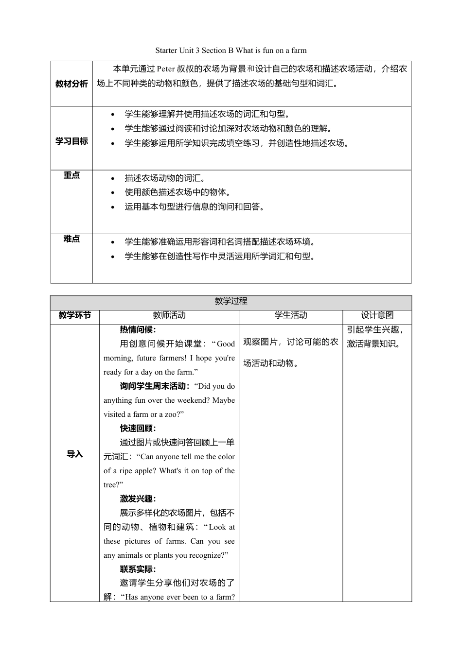 人教版（2024）七上 Starter Unit 3 Section B What is fun on a farm？教学设计.doc_第1页
