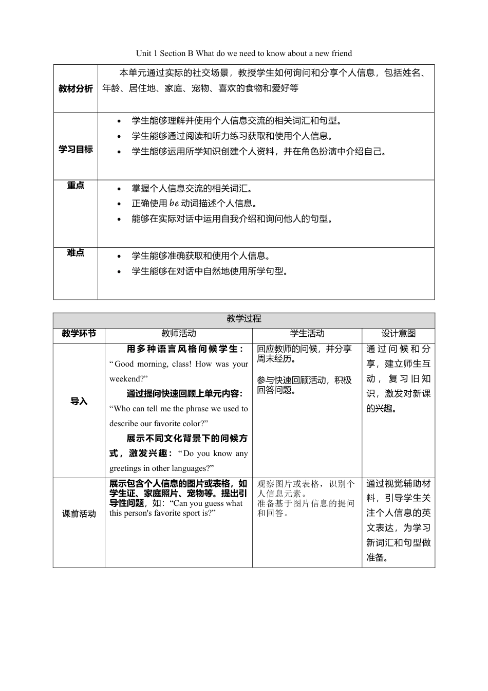人教版（2024）七上Unit 1 Section B What do we need to know about a new friend？教学设计.doc_第1页
