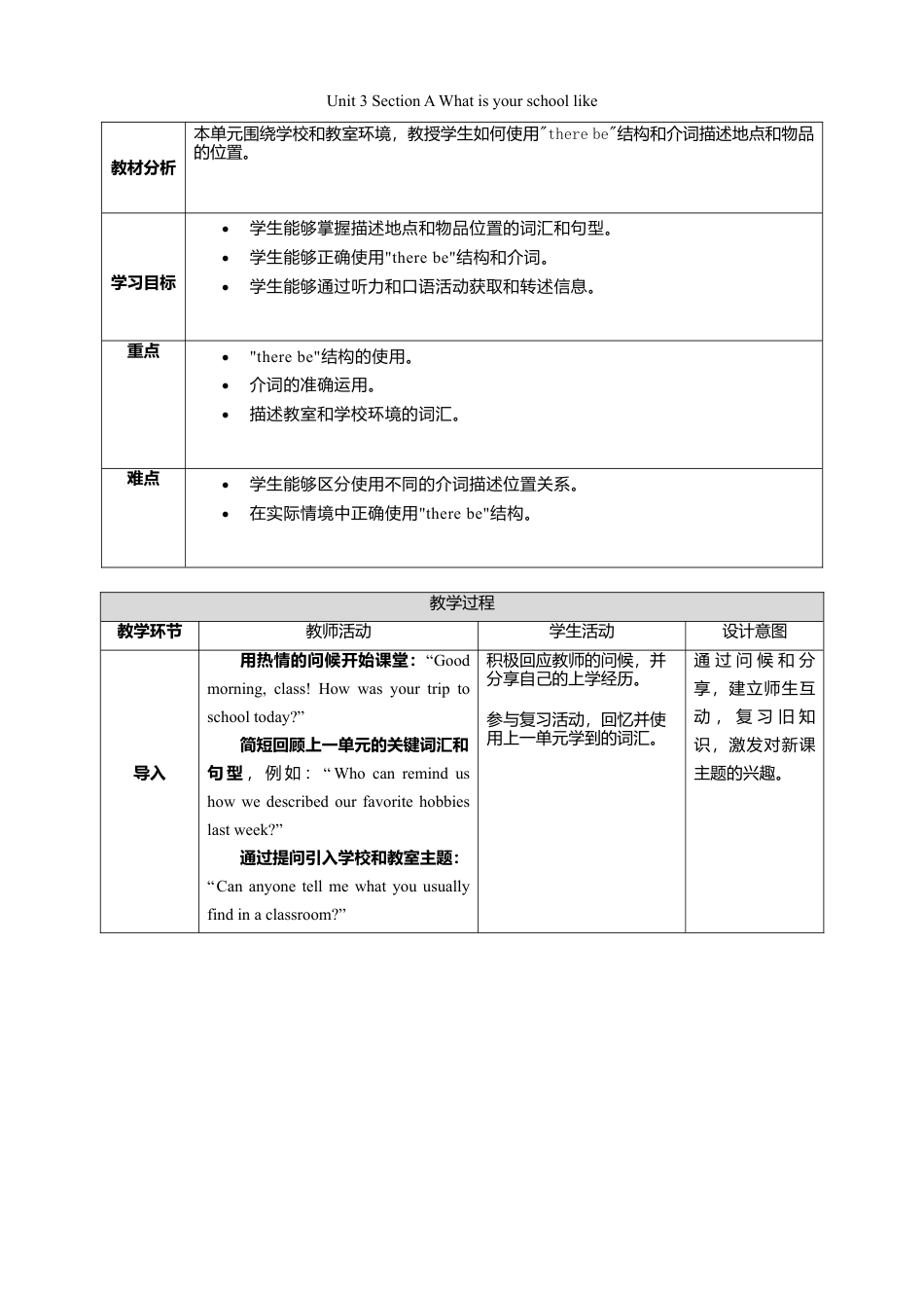 人教版（2024）七上Unit 3 Section A What is your school like？教学设计.doc_第1页