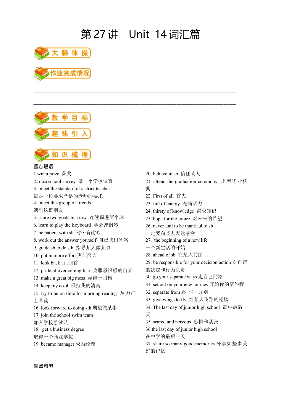 人教版九年级（上）英语第27讲：Unit 14词汇（教师篇）.docx_第1页