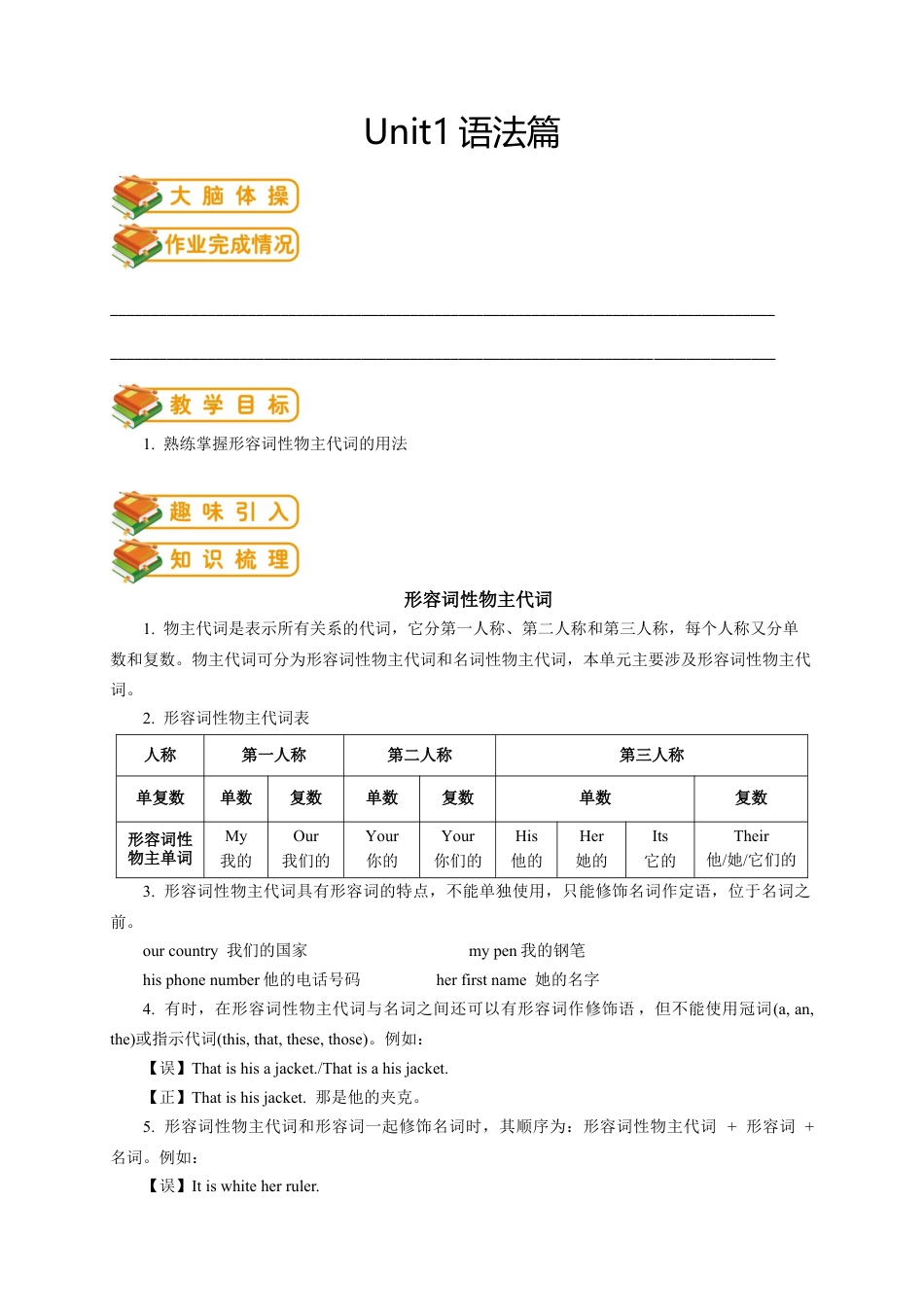 人教版七年级（上）英语第2讲：unit 1 语法篇（教师版）.docx_第1页
