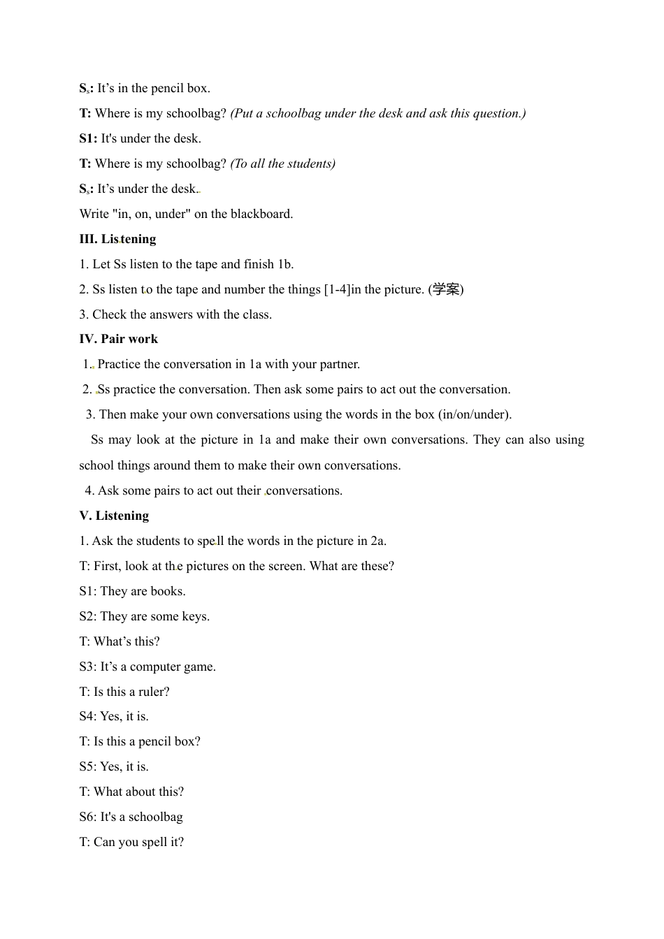 人教版七年级上册英语教案：Unit 4 Where is my schoolbag Section A 1.doc_第3页