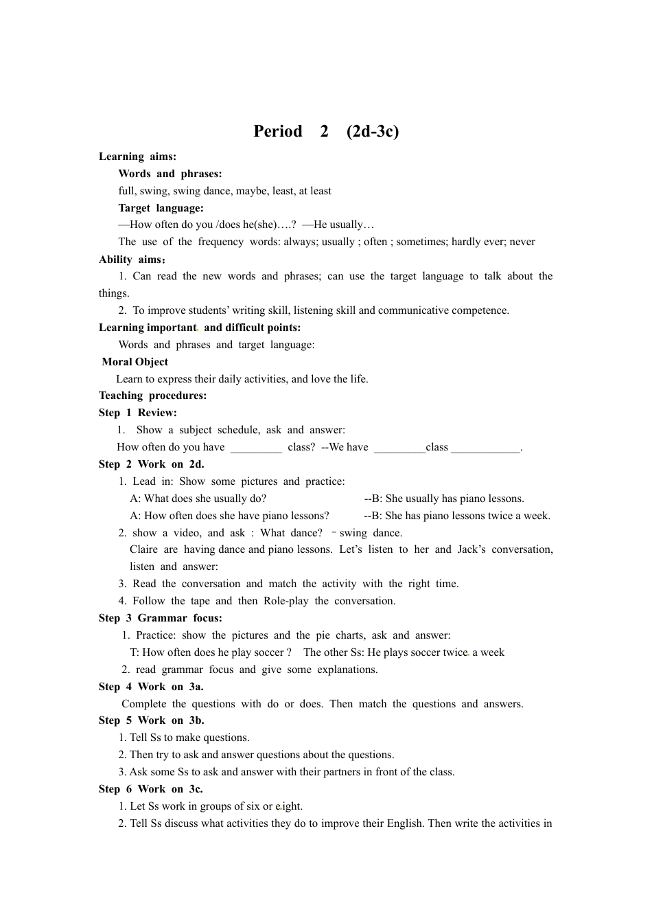 人教英语八年级上-unit 2 How often do you exercise 全单元教案  （5课时）.doc_第3页