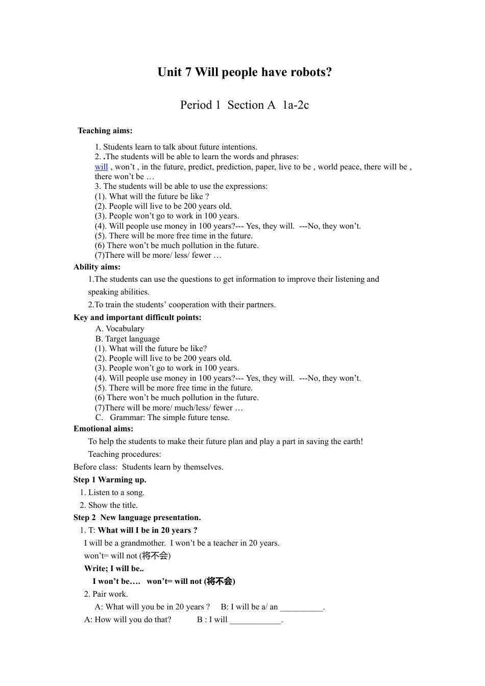 人教英语八年级上-Unit 7 Will people have robots 全单元教案  （5课时）.doc_第1页