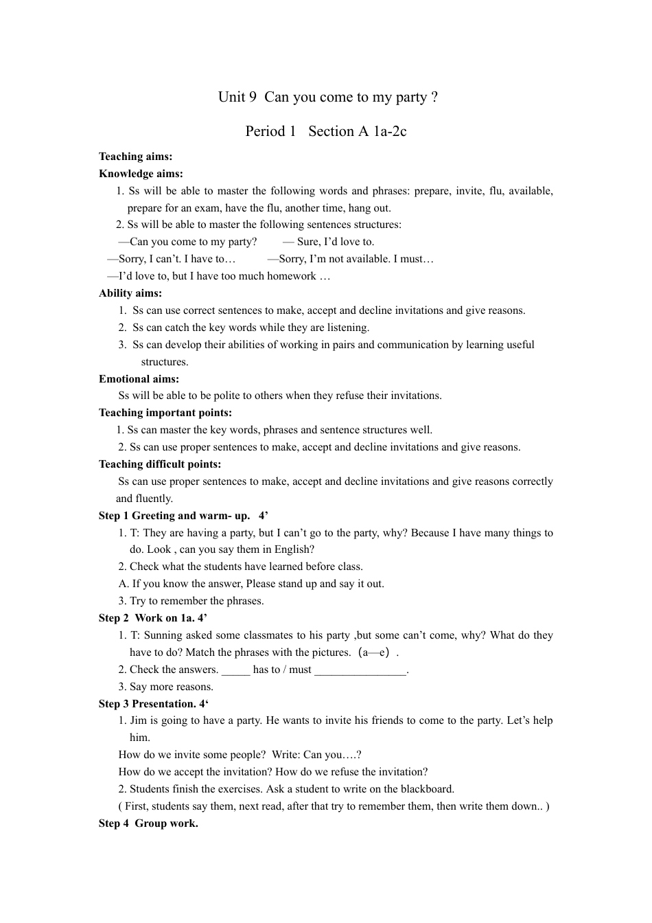 人教英语八年级上-unit 9 Can you come to my party 全单元教案  （5课时）.doc_第1页
