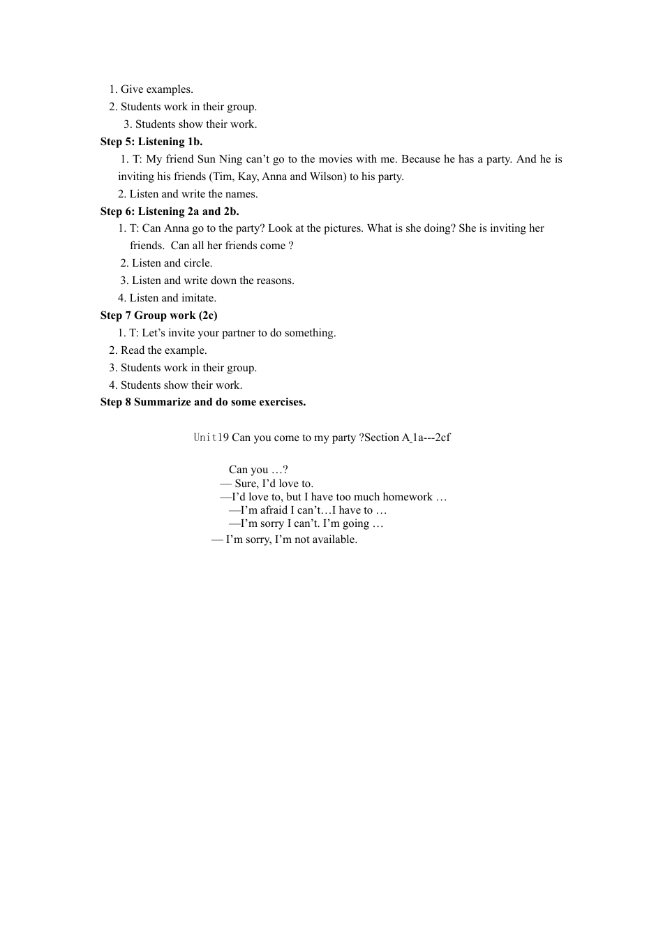 人教英语八年级上-unit 9 Can you come to my party 全单元教案  （5课时）.doc_第2页