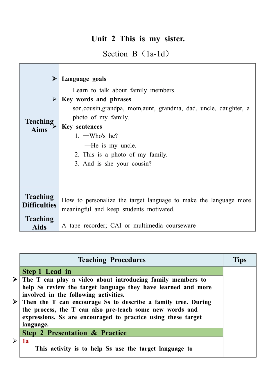 人教英语七年级上Unit 2 Section B（1a-1d）教案 .docx_第1页