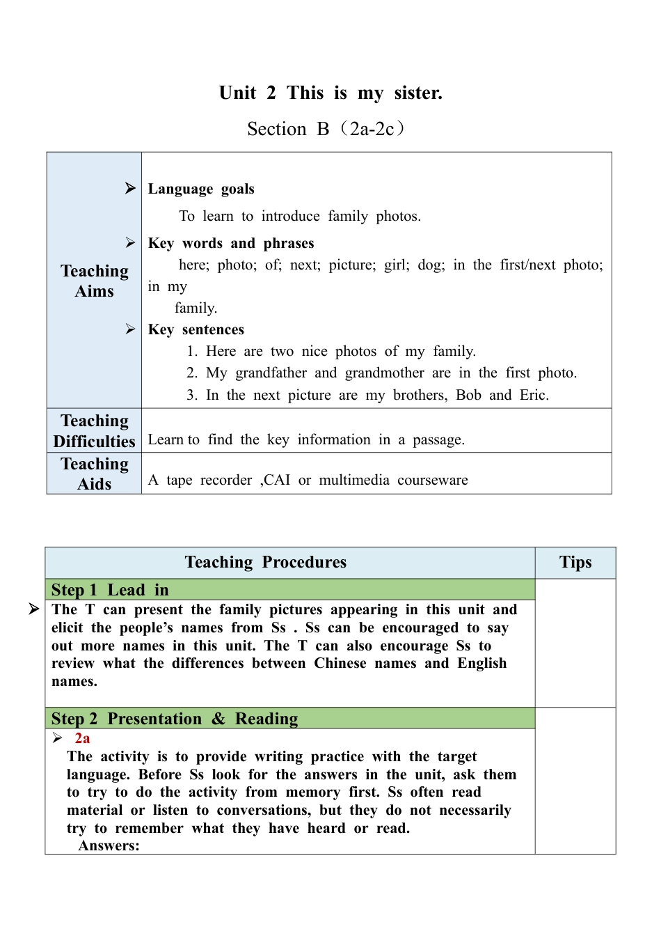 人教英语七年级上Unit 2 Section B（2a-2c）教案 .docx_第1页