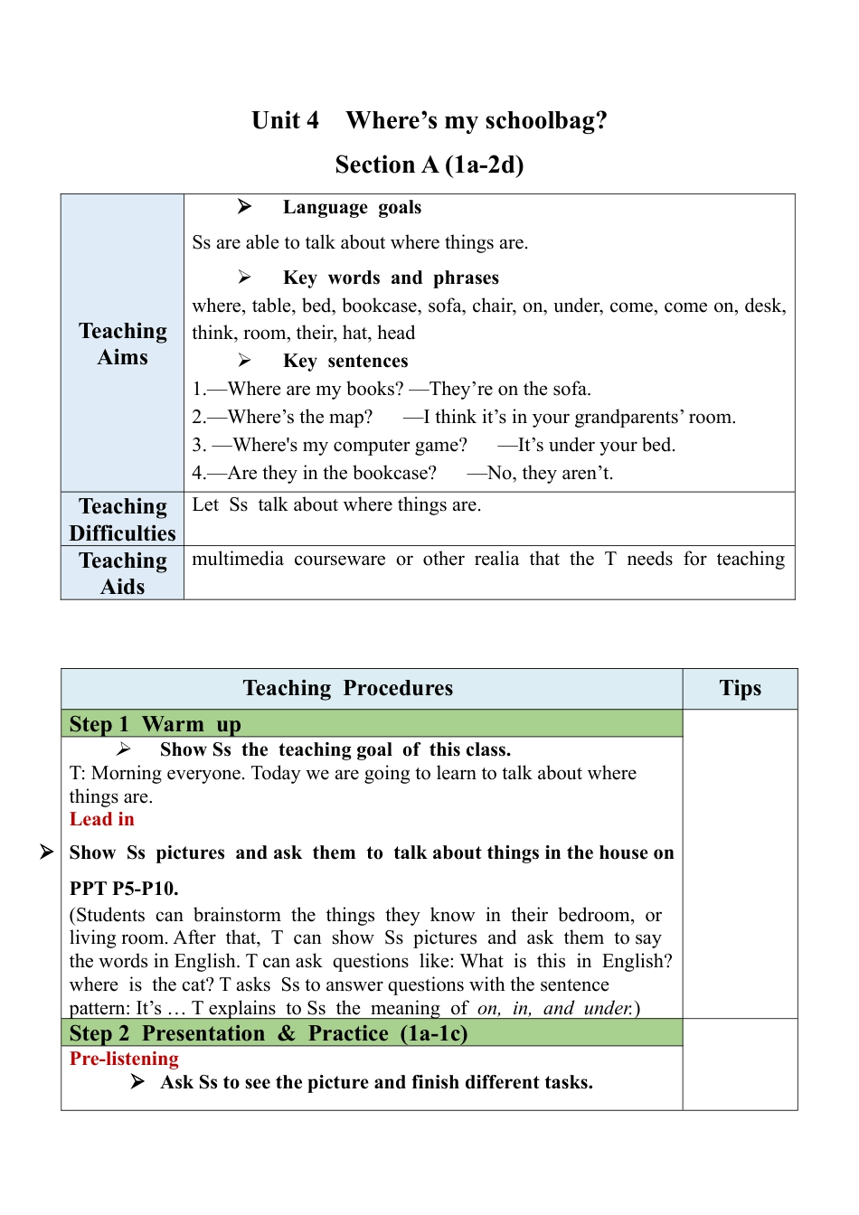 人教英语七年级上Unit 4 Section A (1a-2d).docx_第1页