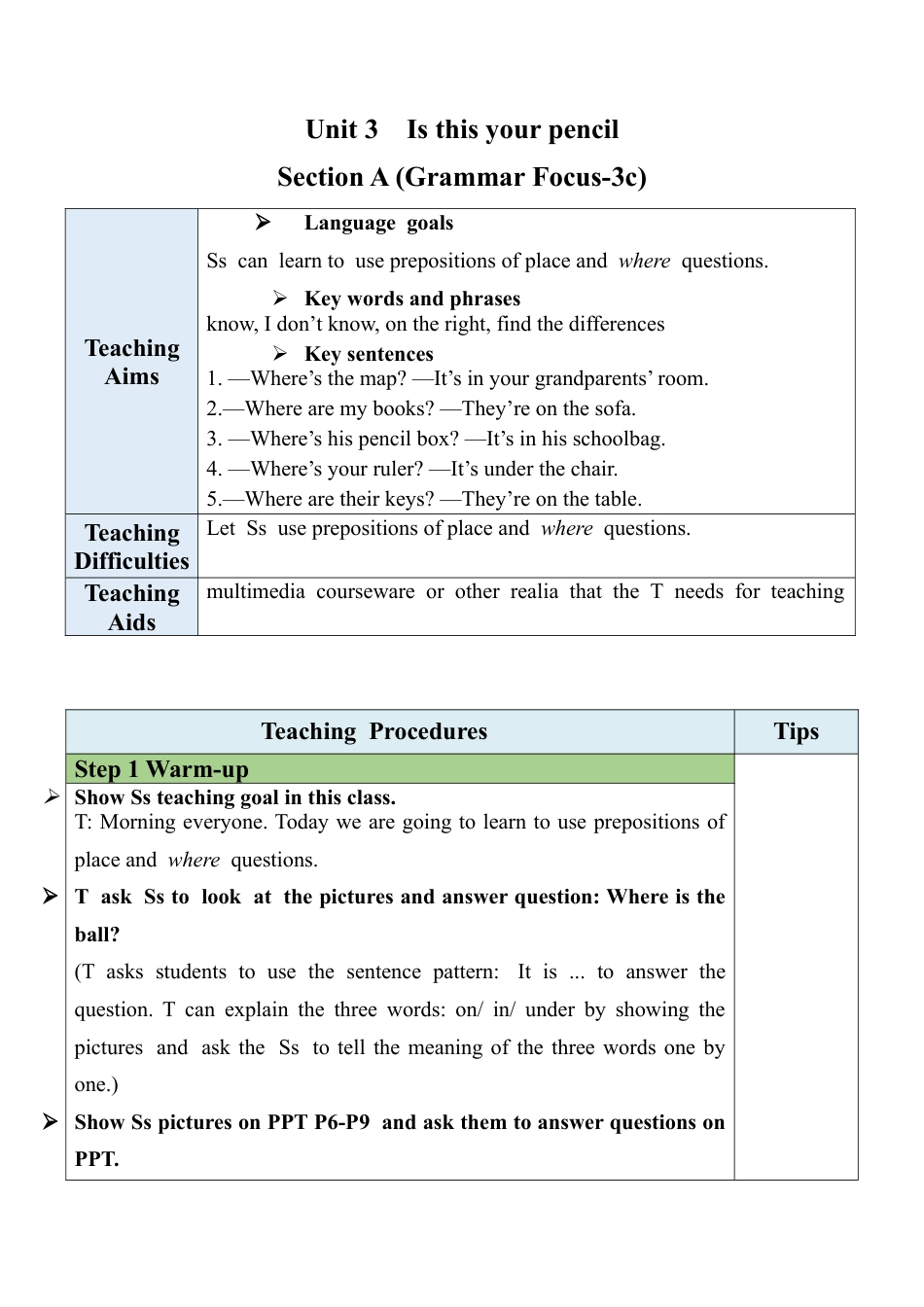 人教英语七年级上Unit 4 Section A (GF-3c).docx_第1页