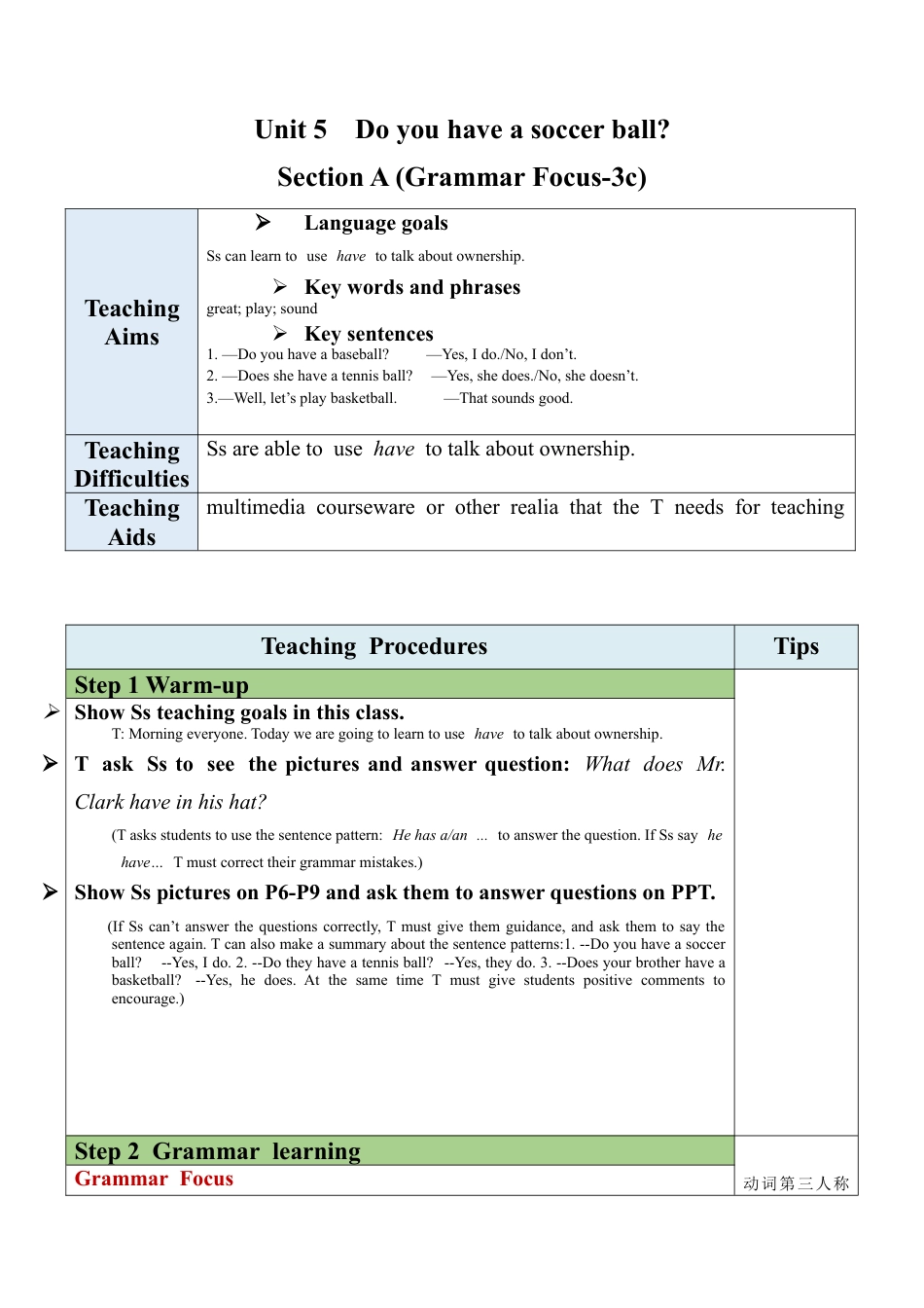人教英语七年级上Unit 5 Section A（GF-3c）教案 .docx_第1页