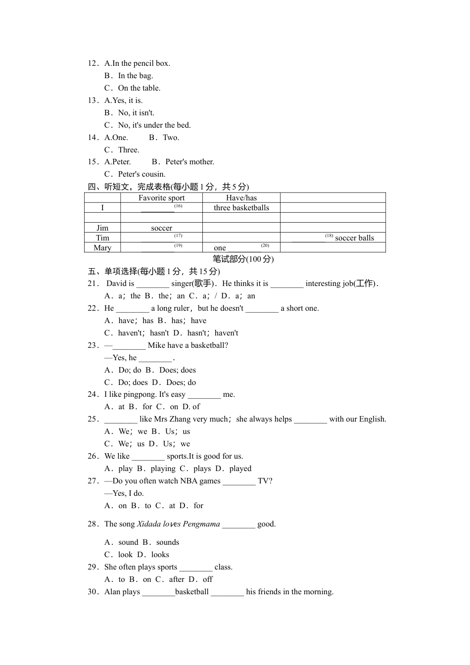 人教英语七年级上Unit 5标准检测卷.doc_第2页