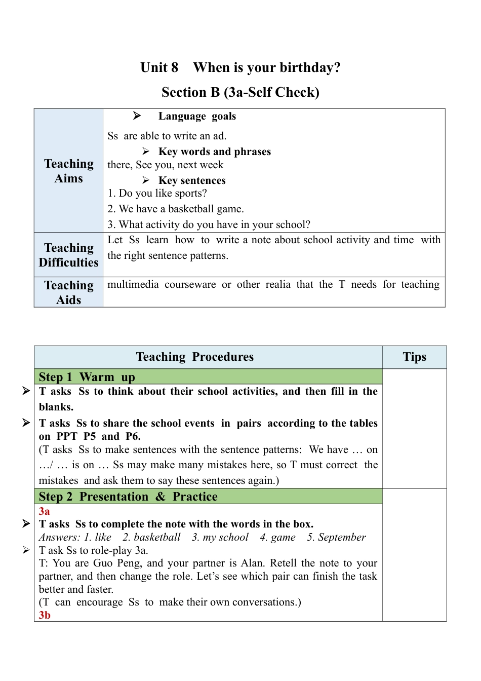 人教英语七年级上Unit 8 Section B (3a-Self Check).docx_第1页