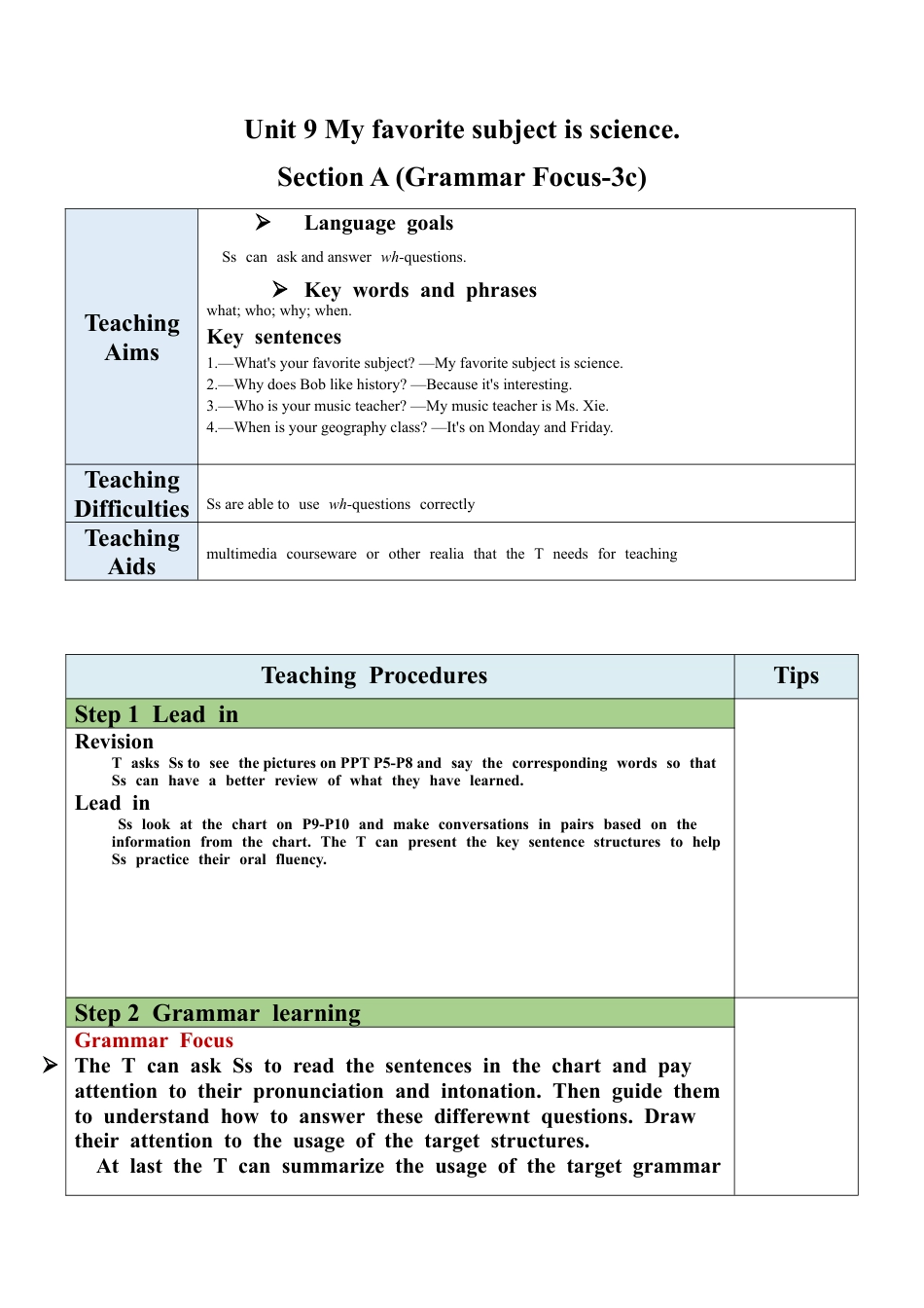 人教英语七年级上Unit 9 Section A（GF-3c）教案 .docx_第1页