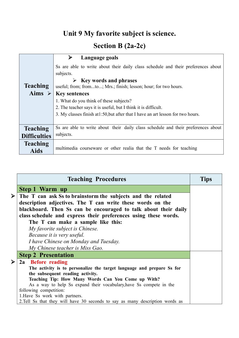 人教英语七年级上Unit 9 Section B（2a-2c）教案.docx_第1页