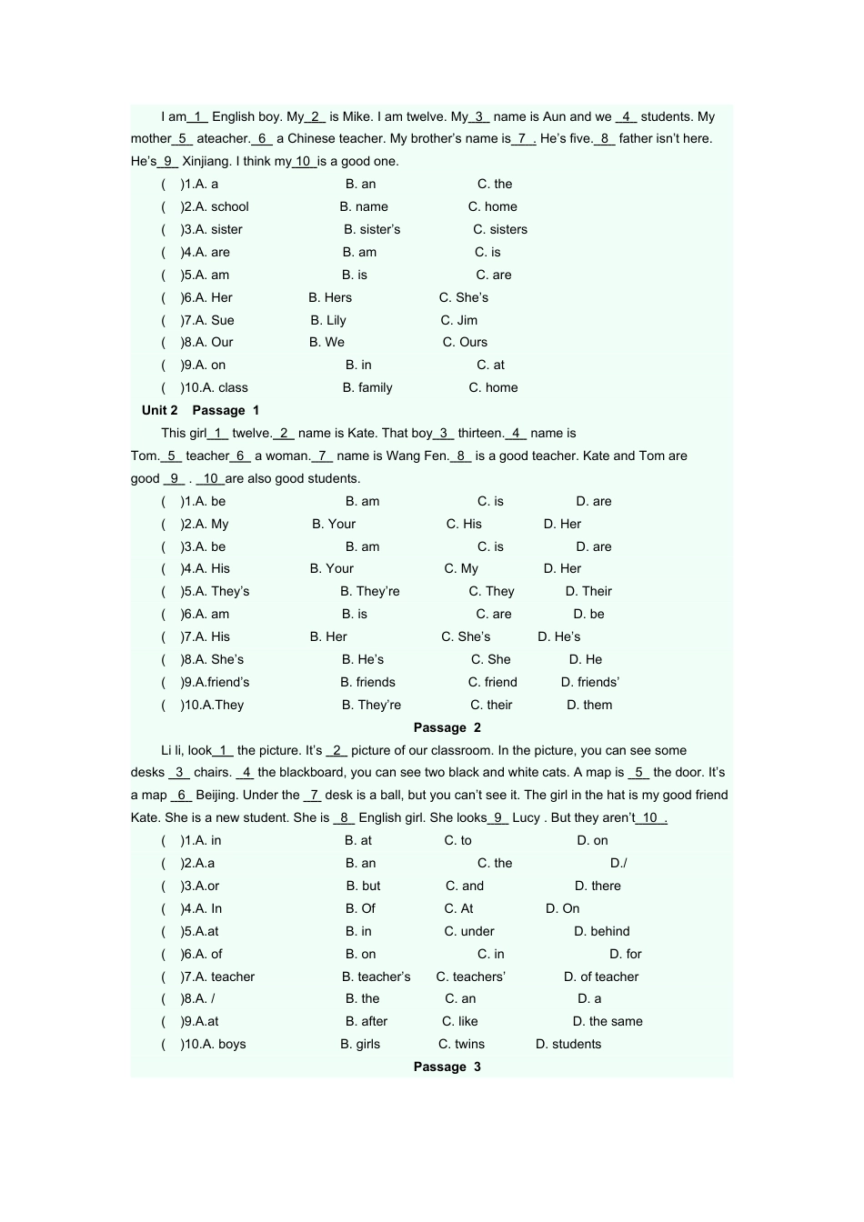 人教英语七年级上完型填空专项练习题 1.doc_第2页