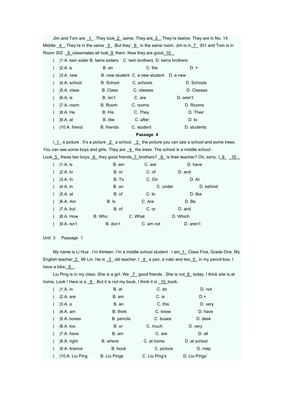 人教英语七年级上完型填空专项练习题 1.doc_第3页