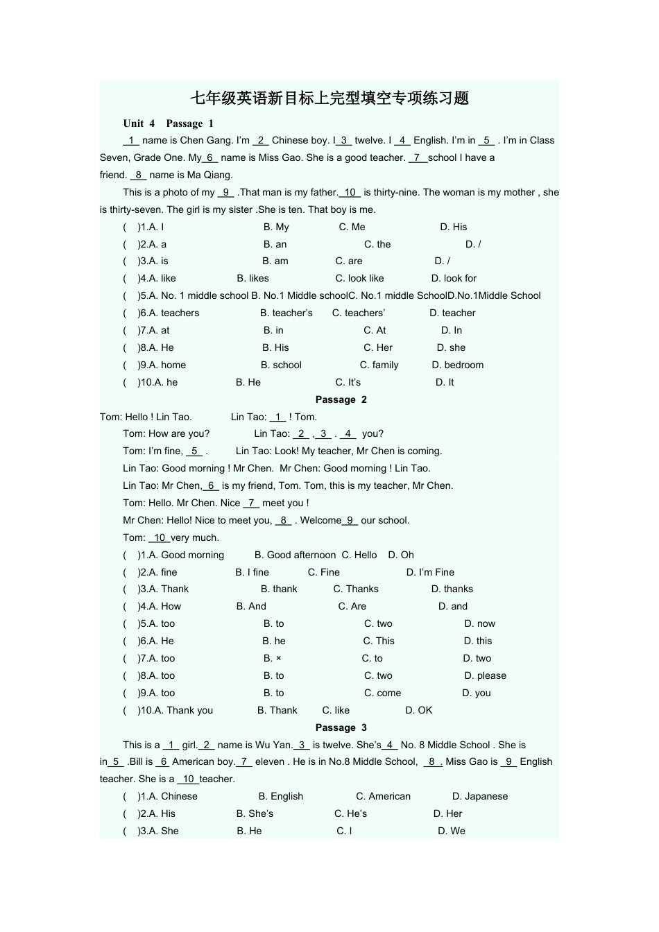 人教英语七年级上完型填空专项练习题 2.doc_第1页
