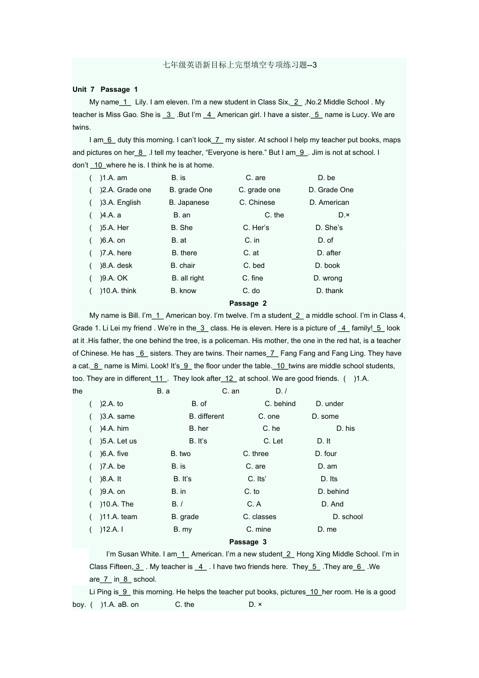 人教英语七年级上完型填空专项练习题 3.doc_第1页