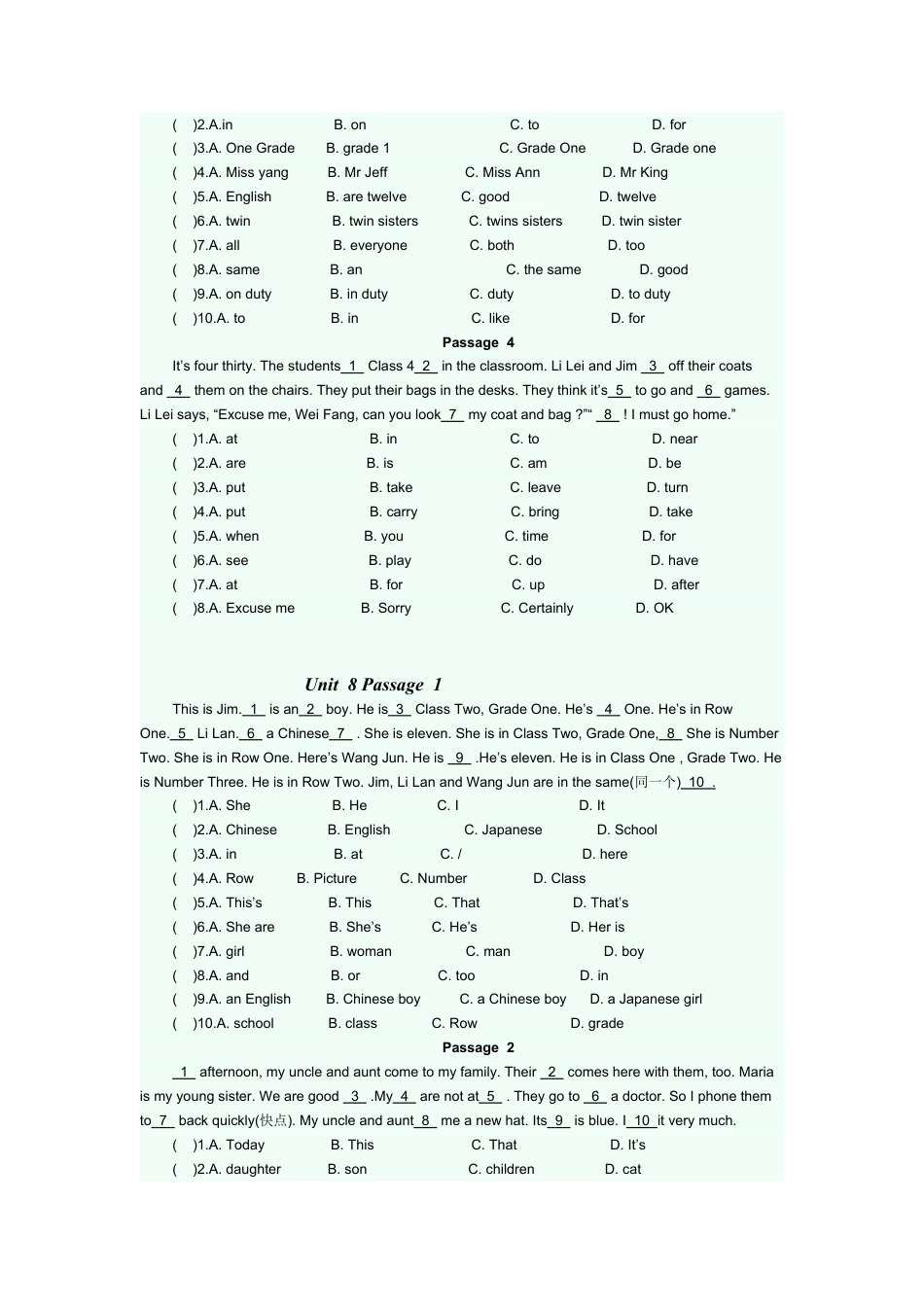 人教英语七年级上完型填空专项练习题 3.doc_第2页