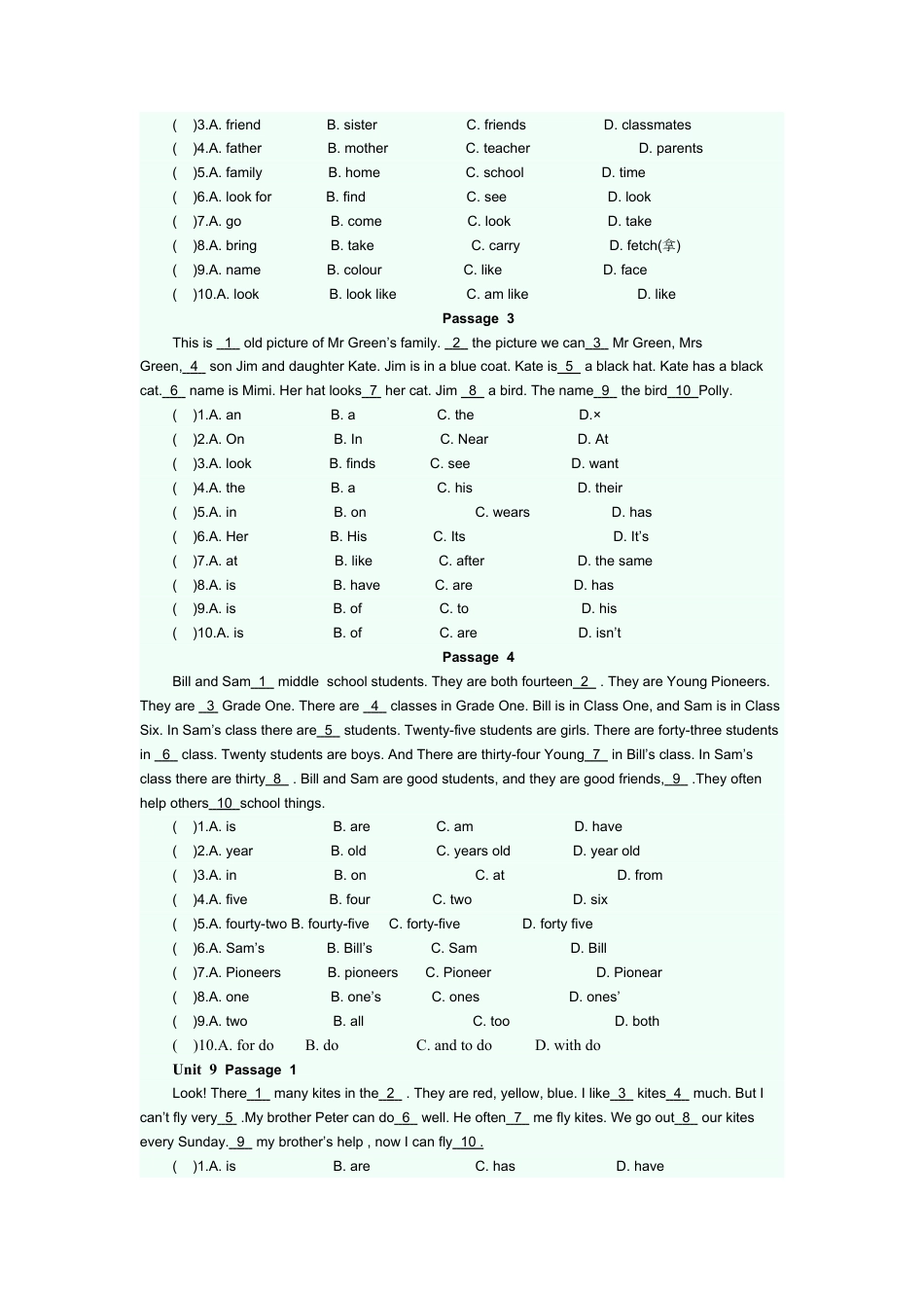人教英语七年级上完型填空专项练习题 3.doc_第3页