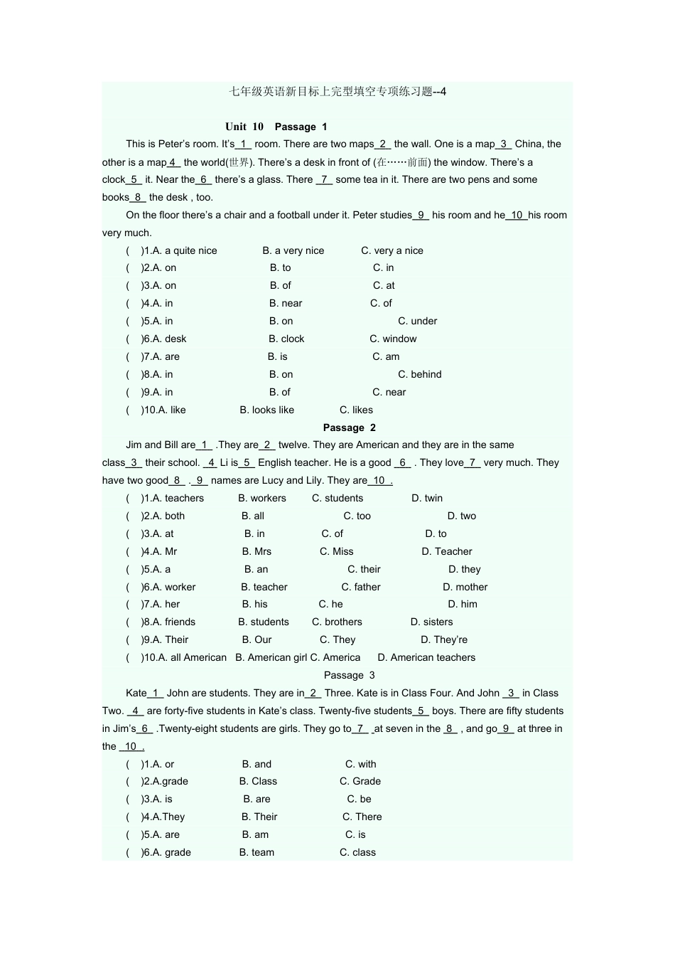 人教英语七年级上完型填空专项练习题 4.doc_第1页