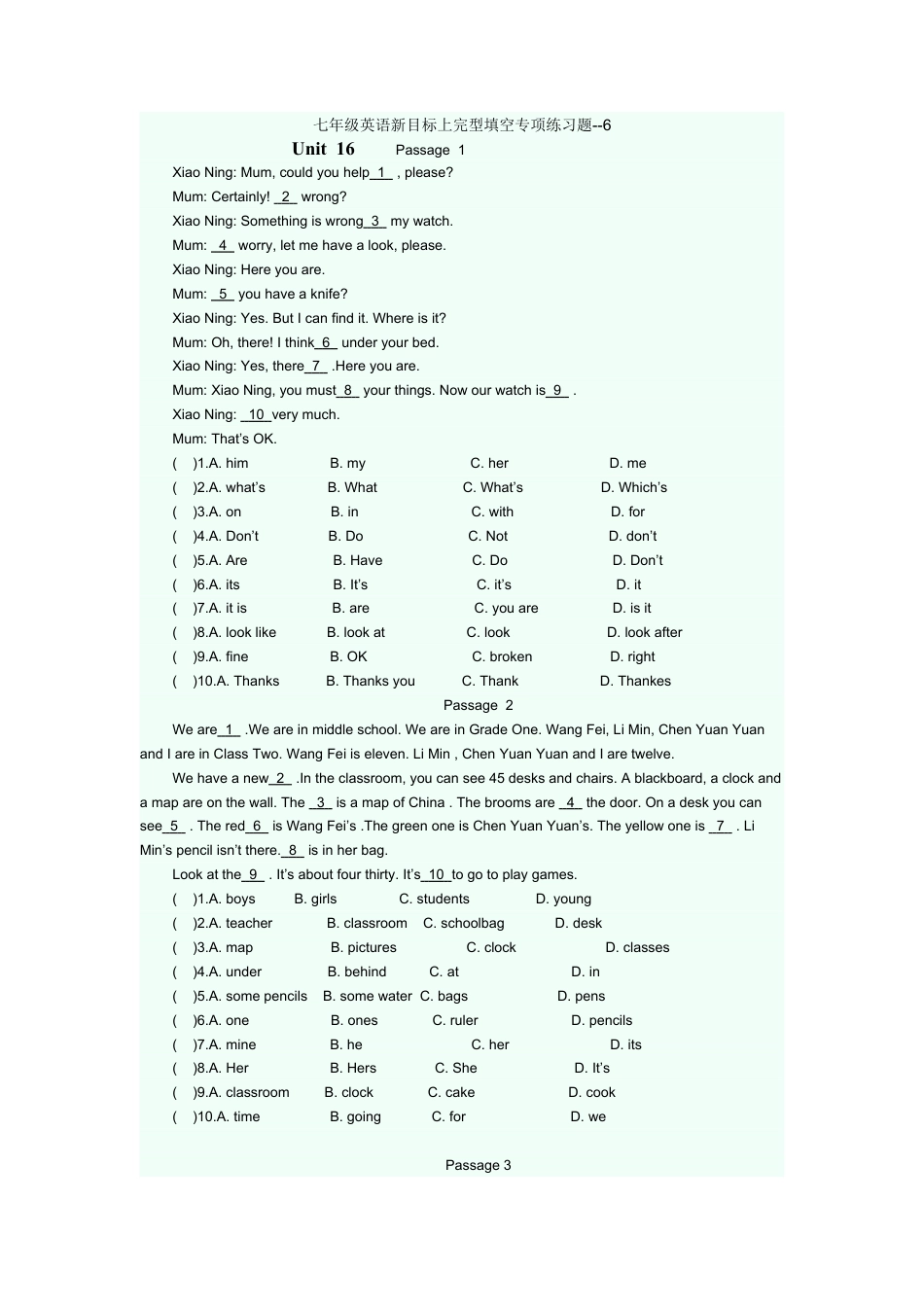 人教英语七年级上完型填空专项练习题 6.doc_第1页