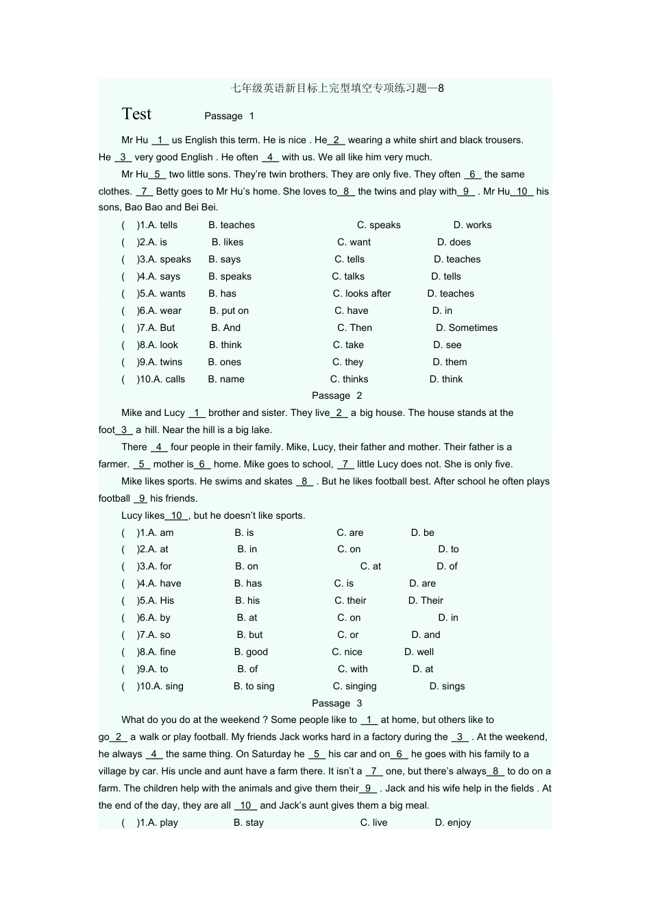 人教英语七年级上完型填空专项练习题 8.doc_第1页