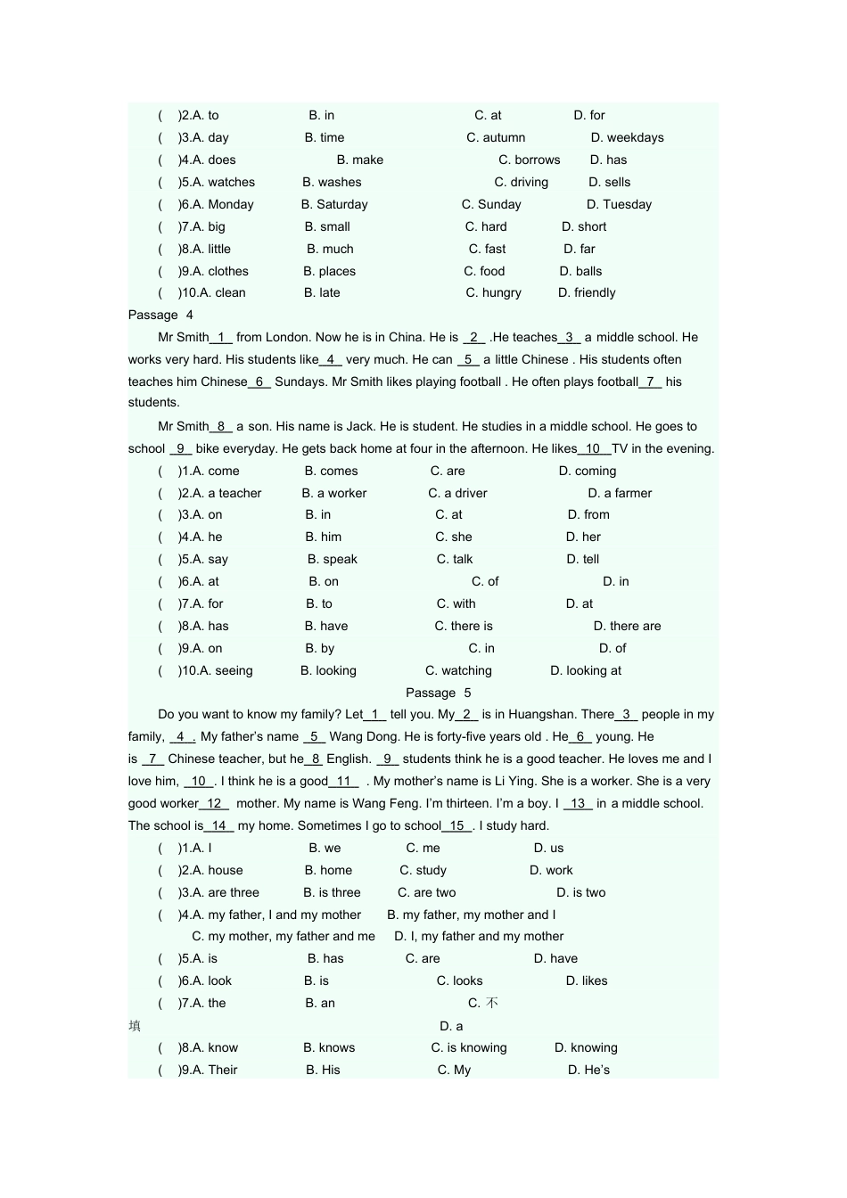 人教英语七年级上完型填空专项练习题 8.doc_第2页