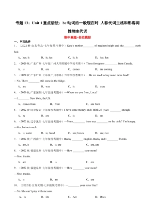 专题13 Unit 1重点语法：be动词的一般现在时 人称代词主格和形容词性物主代词--七年级英语上学期期中复习查缺补漏冲刺满分（人教版）.docx