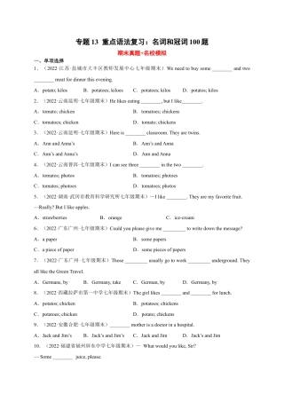 专题13 重点语法复习：名词和冠词100题-七年级英语上学期期末复习查缺补漏冲刺满分（人教版）.docx