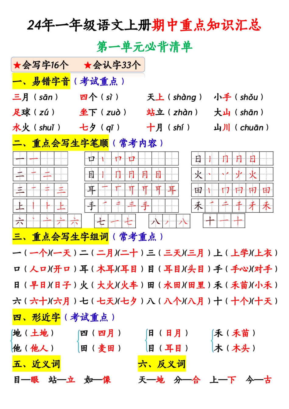 部编版小学语文一上期中高频考点.pdf_第1页