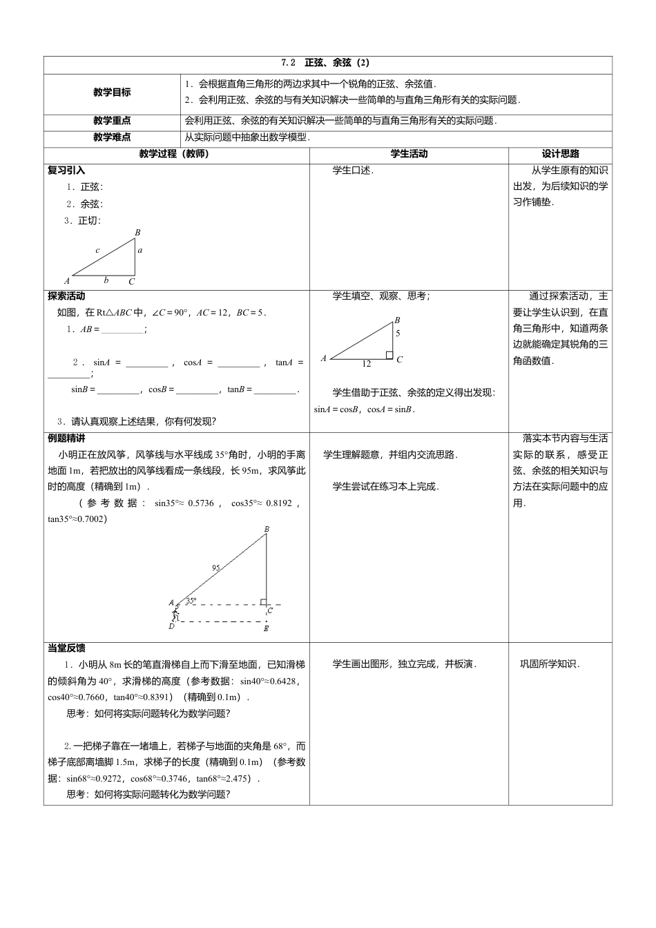 14 《正弦、余弦（2）》参考教案-苏科版初中数学.doc_第1页