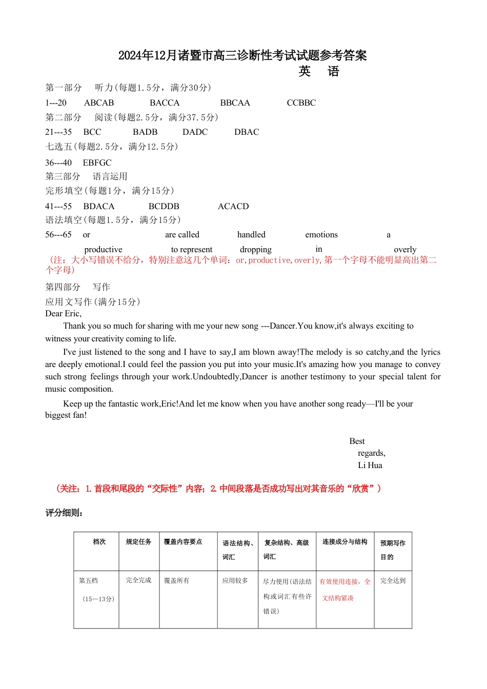 浙江省绍兴市诸暨市2024年12月高三诊断性考试试题英语（含答案，含听力音频无听力原文）_英语答案.doc_第1页