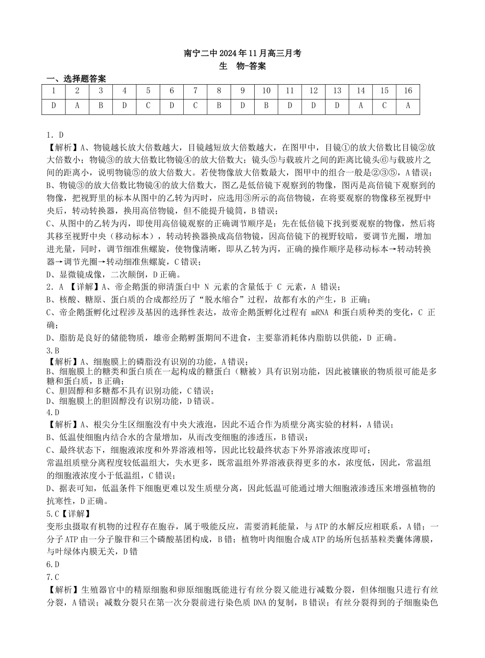 广西南宁市第二中学2024-2025学年高三上学期11月月考生物答案.docx_第1页