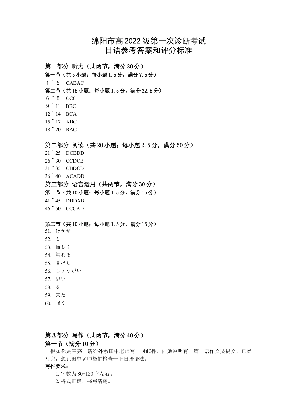 绵阳市高中2022级第一次诊断性考试日语答案.docx_第1页