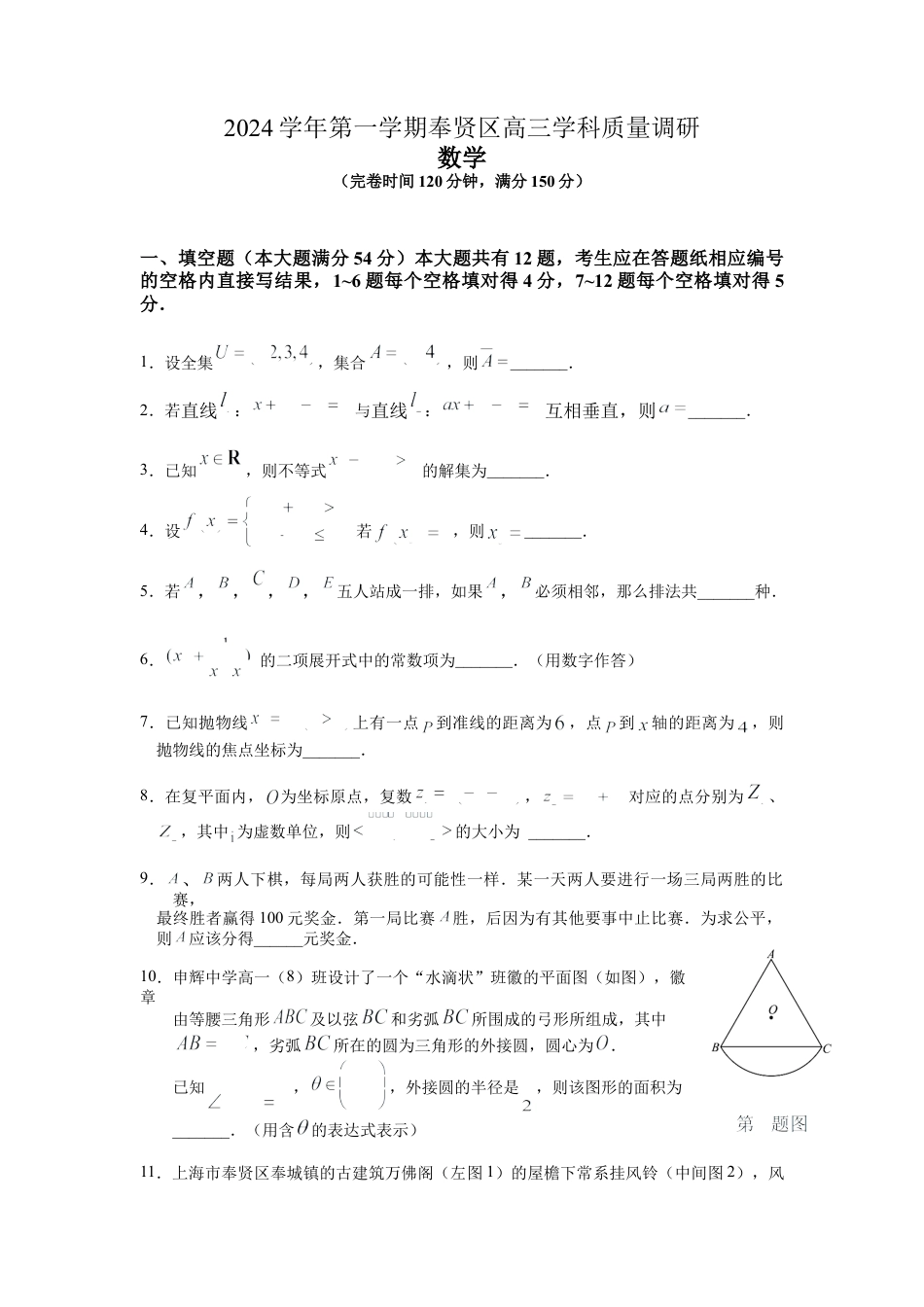 上海市奉贤区2024-2025学年高三上学期一模数学试题（含答案）.docx_第1页