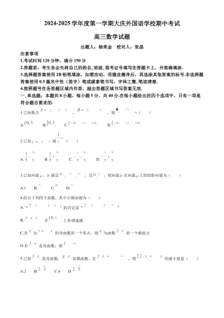黑龙江省大庆外国语学校2024-2025学年高三上学期期中考试数学试卷.docx