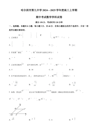 黑龙江省哈尔滨市第九中学2024-2025学年高三上学期期中考试 数学 Word版含答案.docx