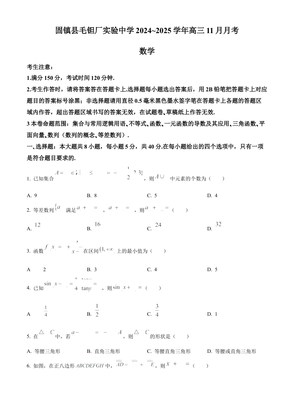 安徽毛坦厂实验中学2025届高三11月期中考试数学.docx_第1页