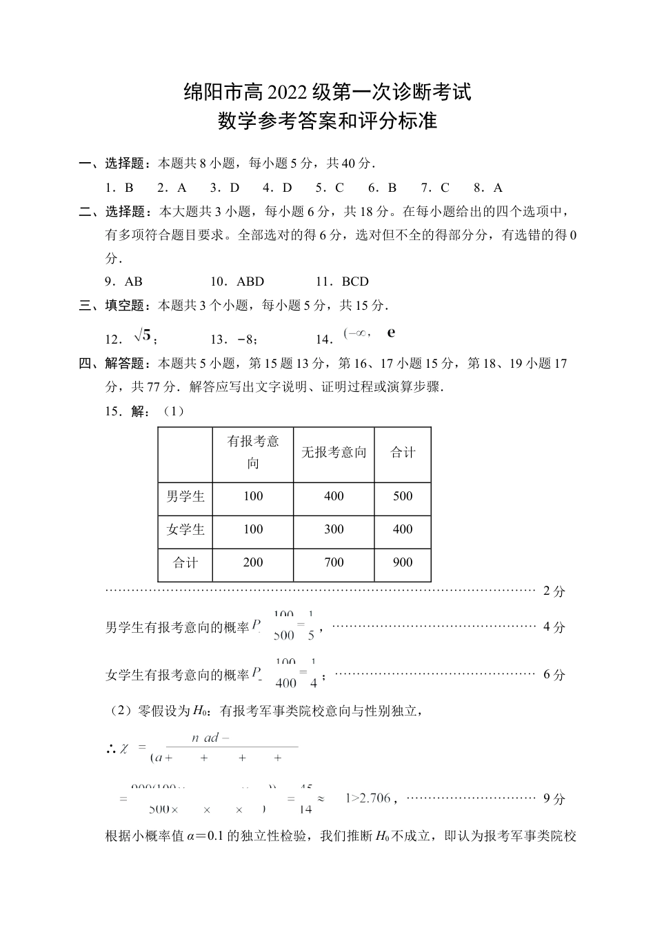 绵阳市高中2022级第一次诊断性考试数学答案.docx_第1页