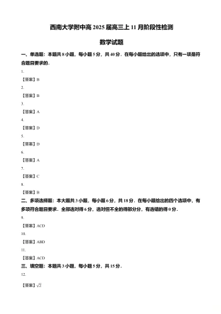 重庆市西南大学附属中学校2024-2025学年高三上学期11月阶段性检测数学试题（含答案）_答案.doc