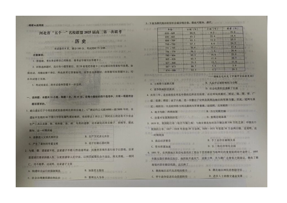 2025届河北省五个一名校联盟高三模拟预测历史试题.docx_第1页