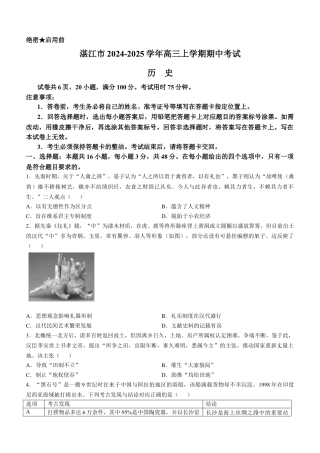 广东省湛江市2024-2025学年高三上学期期中考试历史试题（含答案）.docx